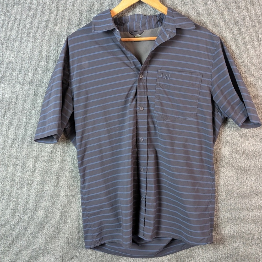 Helly Hansen Mens Large Gray Blue Striped Short Sleeve Button Down Hiking Shirt